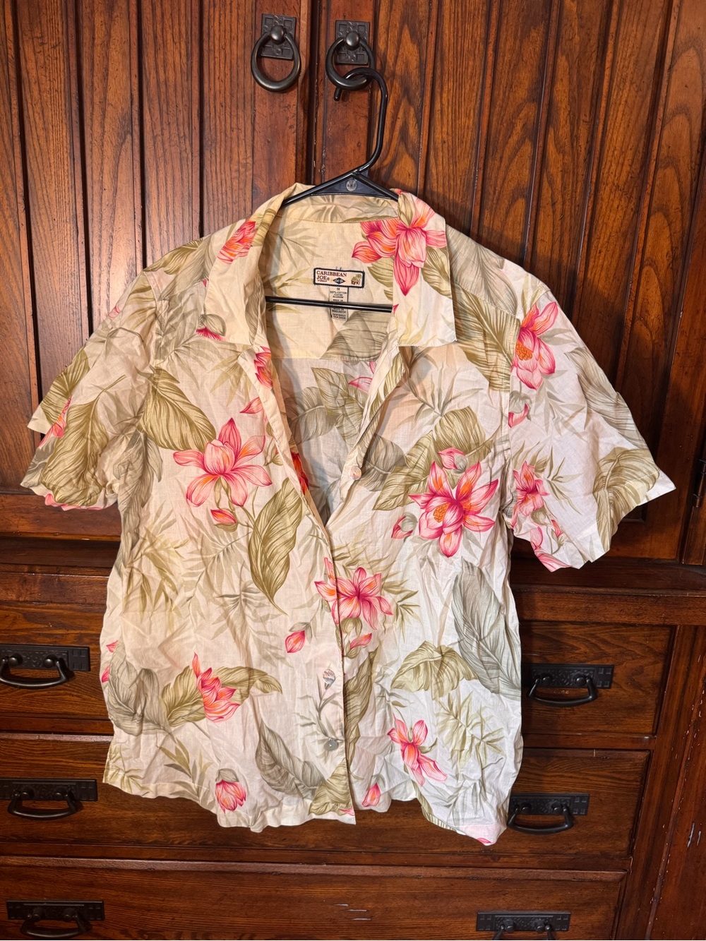 Caribbean Joe Cream Button-Down Hawaiian Shirt with Pink Floral Print